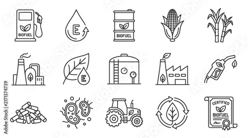 Bioenergy manufacturing and ecological fuel line icon collection.