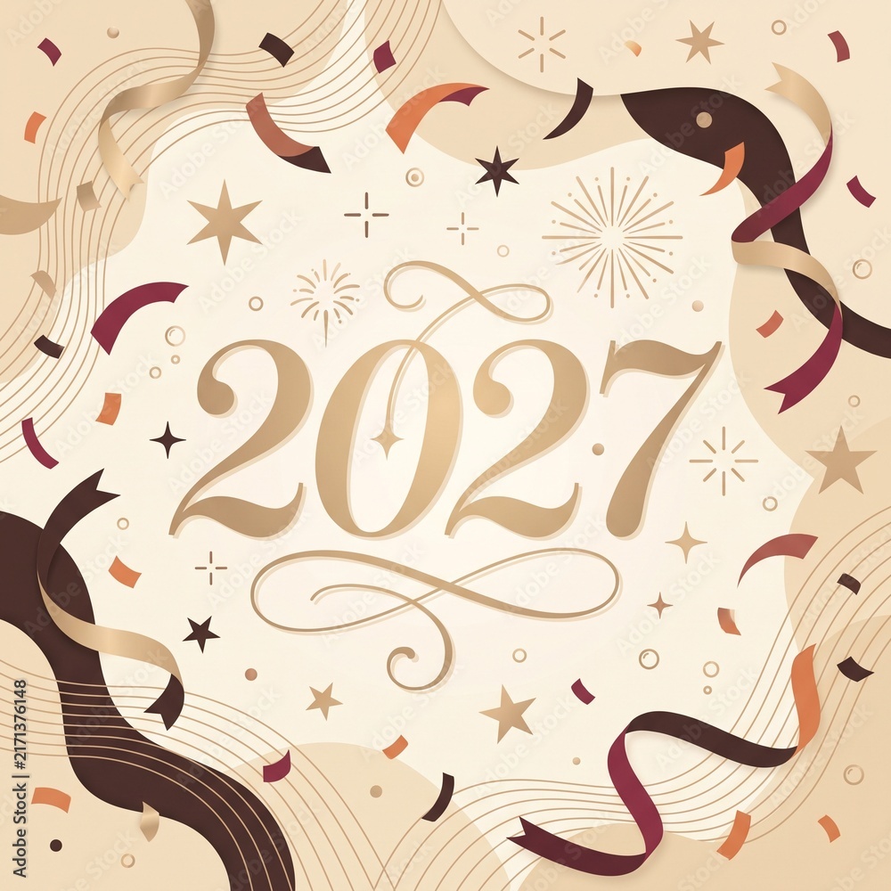 Naklejka premium festive happy new year 2027 vector background with ribbons