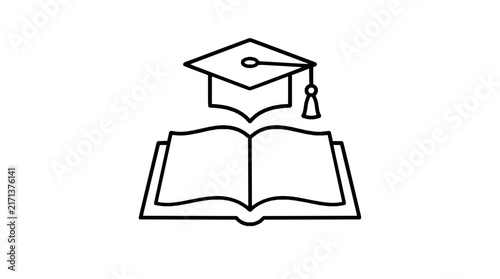 Educational icon featuring an open book and graduation cap symbolizing learning with simple black outline icon representing education