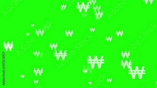 Animation of the Korean Won currency symbol; animation of Won symbols moving forward in increasing numbers; financial investment and business concept; green background; 4K video.