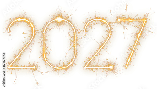 2027 gold sparkler numbers in modern geometric straight lines, on a transparent background
