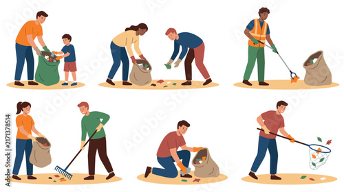 People cleaning park picking up litter for environment.