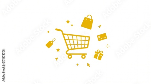 An illustration of a shopping cart surrounded by various retail symbols like gift boxes and credit cards, symbolizing e-commerce and online shopping. 