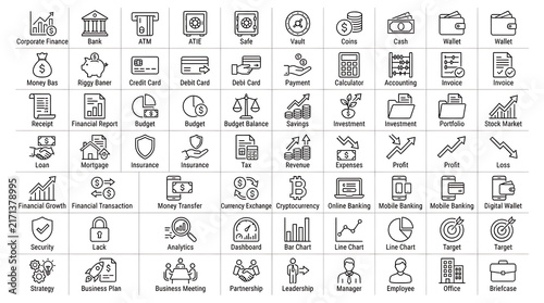 Banking and asset management icons layout presenting secure financial tools and monetary transactions.