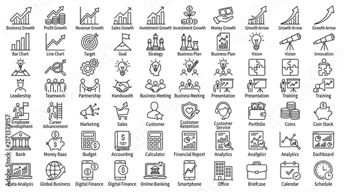 Set of black and white line icons representing various business concepts and financial growth indicators.