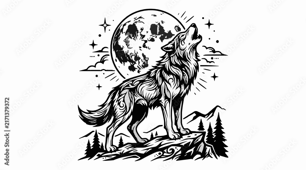 Fototapeta premium Black line art illustration of a howling wolf standing on a rocky cliff with moon with rocky hill trees