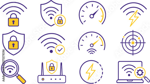 Network security internet connectivity and wireless speed line icons set