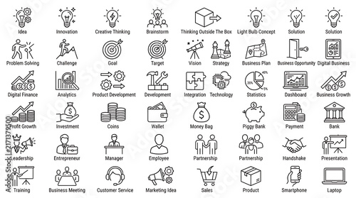 Artwork featuring enterprise solutions team collaboration and marketing ideas in clean outline.