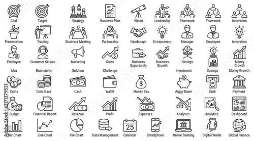 Pictograms illustrating business administration financial operations and data analytics in vector style.