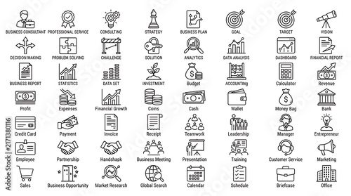 Finance icons grid showcasing monetary transactions and commercial management tools.