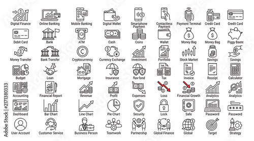 Icon set showcases comprehensive financial and banking symbols arranged in a neat grid for corporate projects.