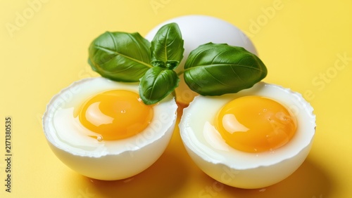 Two soft-boiled eggs with bright yellow yolks, garnished with fresh green basil leaves on a yellow background for healthy breakfast or cooking concept