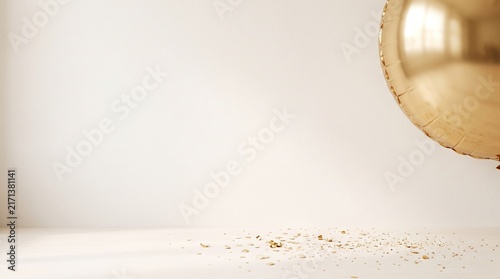 Golden foil balloon with scattered confetti for festive celebration.