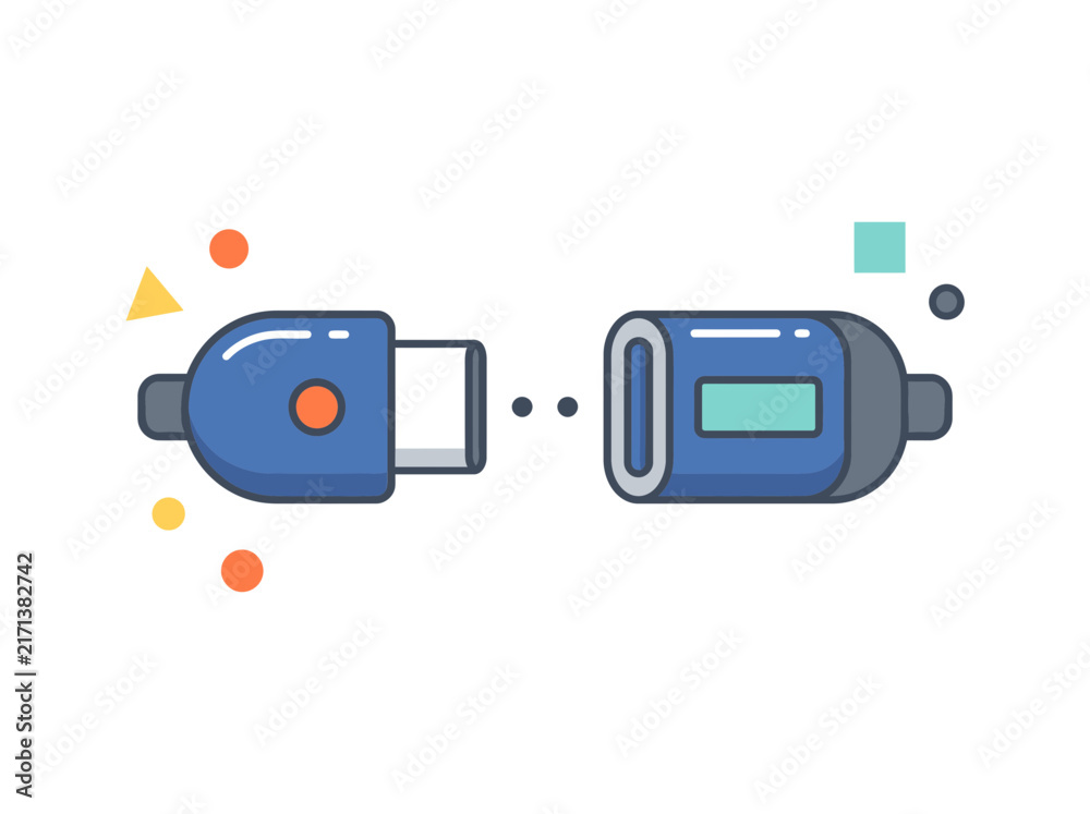 Naklejka premium Minimal flat vector illustration of two disconnected plug connectors facing each other, symbolizing broken connection, network interruption, technical failure and digital troubleshooting. 