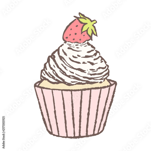 Delicious cupcake with whipped cream and strawberry topping