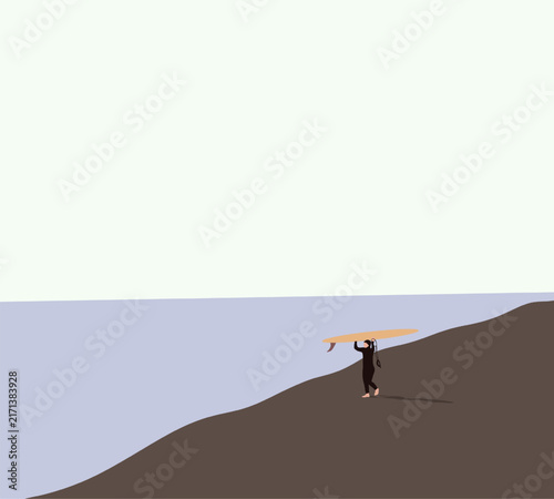 Man in wetsuit stands on sandy beach holding surfboard. Adventure for holiday, break or tropical vacation
