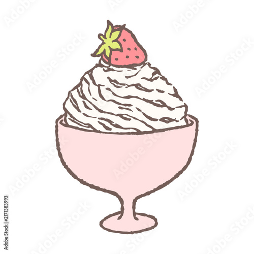 Delicious ice cream sundae with whipped cream and strawberry