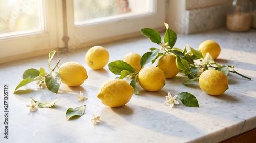 Fresh Yellow Lemons with Green Leaves and White Blossoms on Marble Countertop
