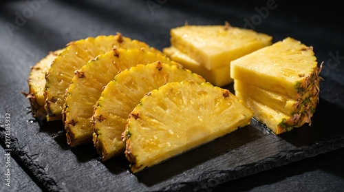 Fresh Pineapple Slices and Chunks on Black Slate Surface with Directional Lighting
