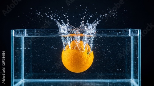 Fresh Whole Orange Dropping into Clear Water Tank with Spectacular Crown Splash
