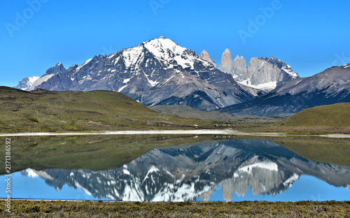 Bild auf Leinwand View of Laguna Amarga (with the Torres and the Cuernos del Paine in background) - lake outside the main entrance to Torres del Paine National Park in Chilean Patagonia