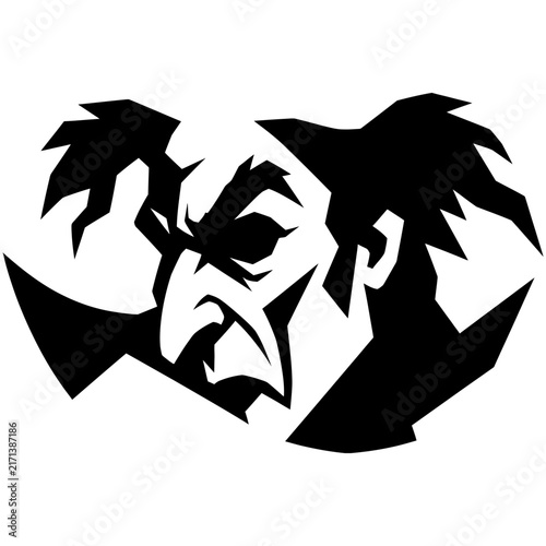Sinister vampire face, Stylized angular face with sharp features and pointed hair, symbolizing a vampire or dark villain