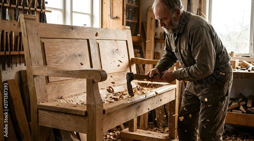 Carpenter shapes a wooden bench using a hand tool in a traditional woodworking workshop.