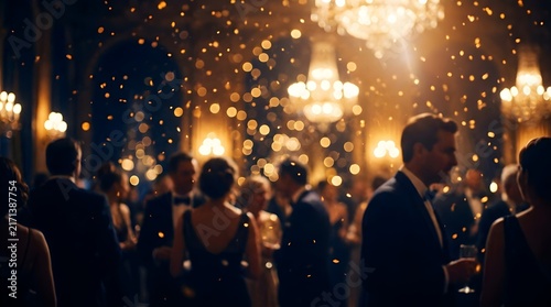 Elegant people in formal attire attending a luxury evening gala in a grand ballroom with golden lights
