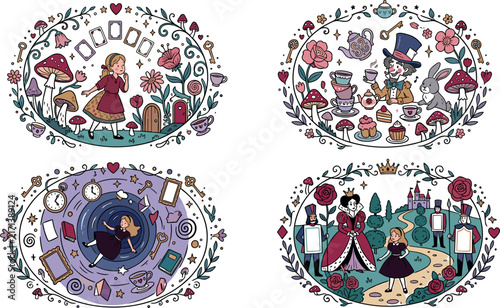 Whimsical Fantasy Illustration Collection Featuring Magical Women Tea Party Reading Fashion Nature Flowers Animals And Decorative Oval Scenes