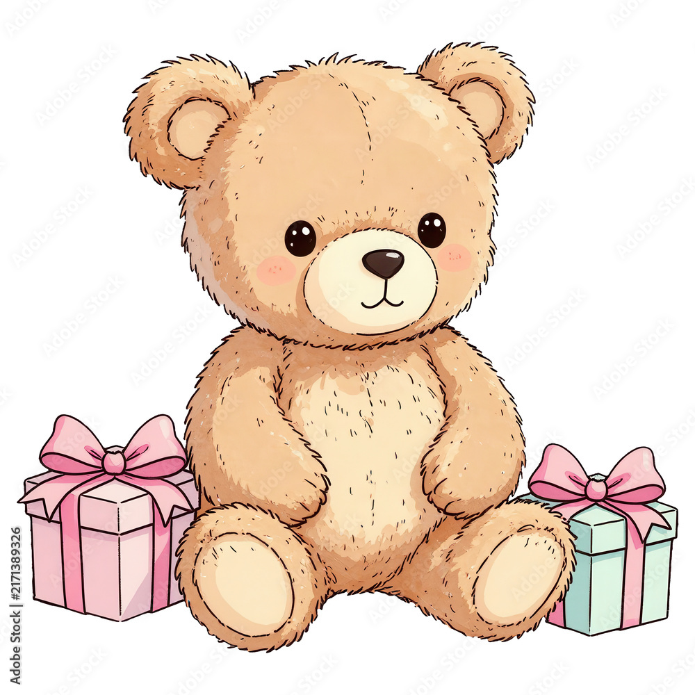 Fototapeta premium Cuddly Teddy Bear with Gifts: An adorable, soft teddy bear sits between two charming gift boxes, radiating warmth and innocence.