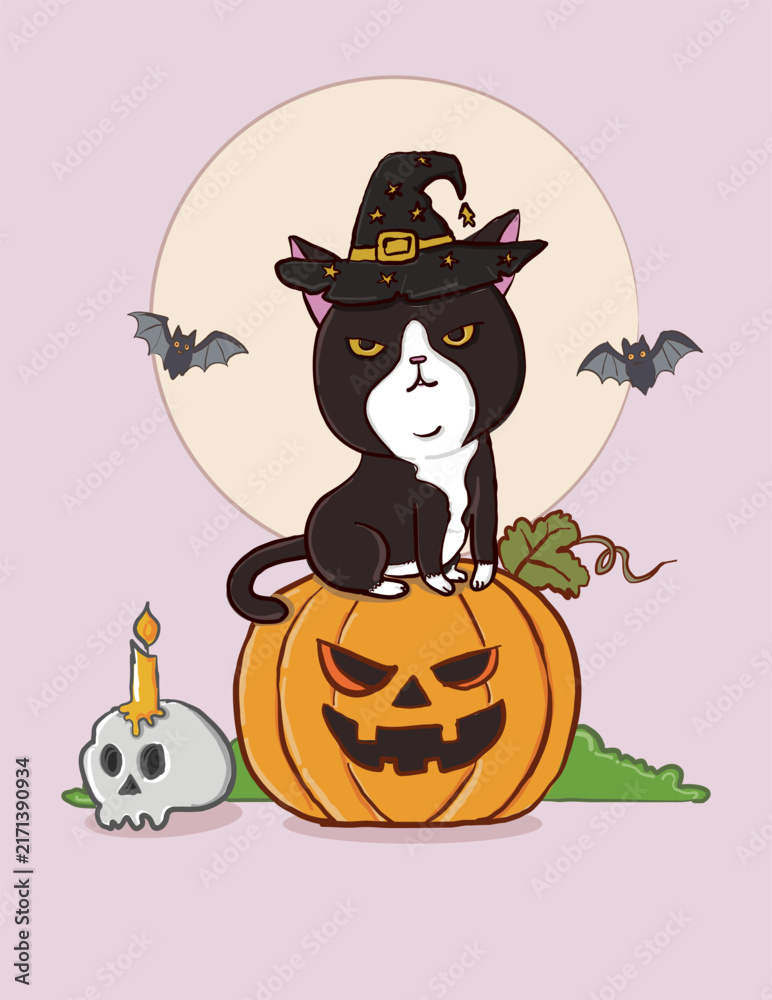 Fototapeta premium cute-halloween-black-cat-witch-pumpkin-vector