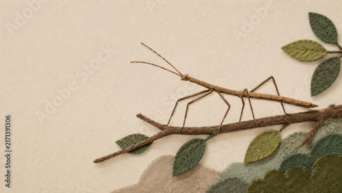 Handmade felt illustration of a walking stick insect perched on a stitched branch with textured leaves in a soft, minimalist woodland composition.