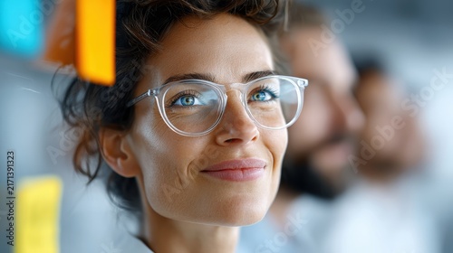 Confident businesswoman wearing glasses smiling during meeting
