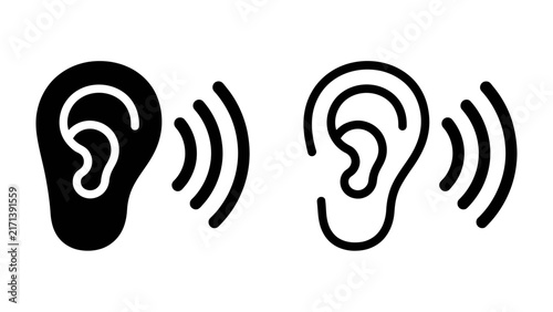 Hearing and Sound Waves Icons: A pair of simple, stylized icons depicting human ears alongside radiating sound waves, representing the concept of hearing or audio.