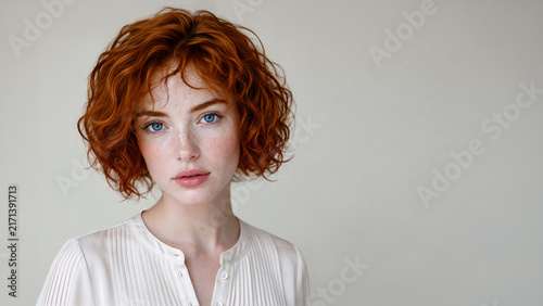 Freckled red-haired woman with vivid blue eyes and short curly hair poses in a white blouse against a soft neutral setting with a calm, refined expression.