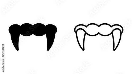 Vampire Fangs Icon: A graphic representation featuring a pair of sharp, elongated vampire fangs in both solid black and outline styles, symbolizing spooky Halloween themes.