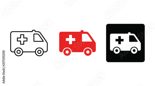 Ambulance Icon Set featuring Three Styles of Emergency Vehicle Graphics: Line Art, Solid Red, and Reversed White on Black Square, Minimalist Flat Vector Design Isolated on White for Healthcare Apps.
