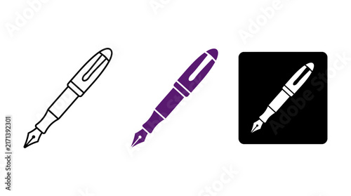 Fountain Pen Vector Icon Set Featuring Outline, Solid Purple Silhouette, and White Reverse Styles on Black Background, Professional Minimalist Writing Tool Illustration for Branding and UI Design.