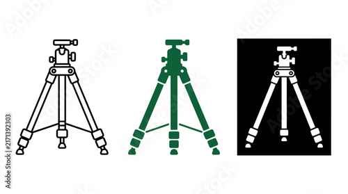 Camera Tripod Icon Set Vector Illustration, Professional Photography and Videography Equipment Gear in Outline, Solid Green and Inverted Styles, Isolated on White for Studio and Creative Design