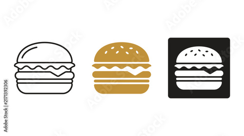 Minimalist Burger Icon Set, Hamburger Vector Illustration in Outline, Flat Solid, and Negative Space Styles, Fast Food Symbols Isolated on White Background for Restaurant Menu and App UI Design