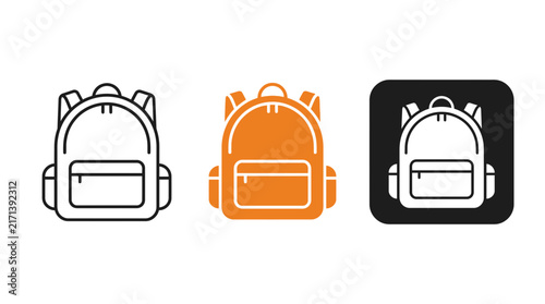 School Backpack Icon Set Vector Illustration, Three Styles Including Black Outline, Solid Orange, and App Button Design isolated on white background for education and travel projects.