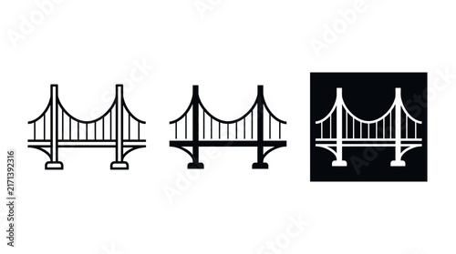 Suspension Bridge Icon Set Vector Illustration, Golden Gate Bridge Style Linear and Solid Icons isolated on white background for Travel, Architecture, Engineering and UI Web Design Assets.