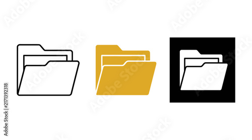 Vector File Folder Icons Set with Line, Solid Yellow, and Inverted Styles for Document Management, Digital Storage, and Business Data Organization Isolated on White