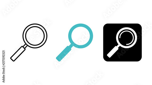 Magnifying Glass Search Icon Set with Outline Flat Cyan and App Button Styles for Web and Mobile UI UX Design. Minimalist Vector Illustrations Isolated on White Background for Research and Discovery.