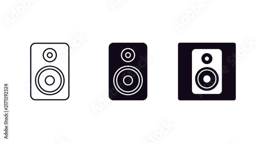 Speaker Icon Set Vector Illustration, High Quality Minimalist Black and White Sound System Symbols, Isolated on White Background for Web Interface, App Design, and Audio Multimedia Projects.