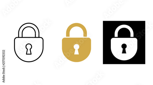 Padlock Icon Set Vector Illustration, Minimalist Security Lock Symbols in Outline Gold and White Styles, Cyber Security Protection Graphics isolated on white background for Web and Mobile UI Design