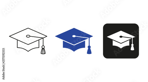 Graduation Cap Icon Set with Outline, Solid Blue, and Negative Style Mortarboard Symbols, Flat Vector Illustration for Education and University Achievement Isolated on White Background