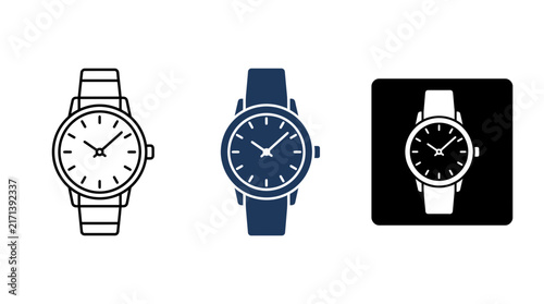 Vector Set of Wristwatch Icons in Three Different Styles Including Outline, Solid Navy Blue, and Inverted Black Square Versions Isolated on White for Business and Time Tracking UI Design.