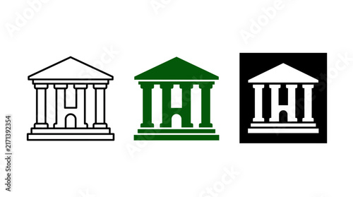 Bank Building Icon Set with Outline, Solid Green, and Inverted White Silhouette. Professional Vector Architecture Symbols for Finance, Law Court, and Government Isolated on White Background.