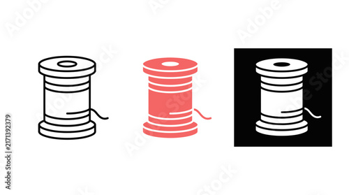Sewing Thread Spool Icon Set - Minimalist Flat Vector Illustration for Craft, Tailoring, and Embroidery Designs. Three Styles: Outline, Solid Coral, and Negative White, Isolated on White Background.